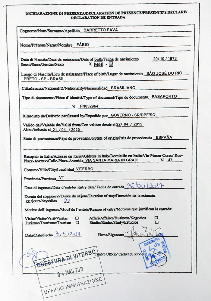 Certificado de Presença na Itália