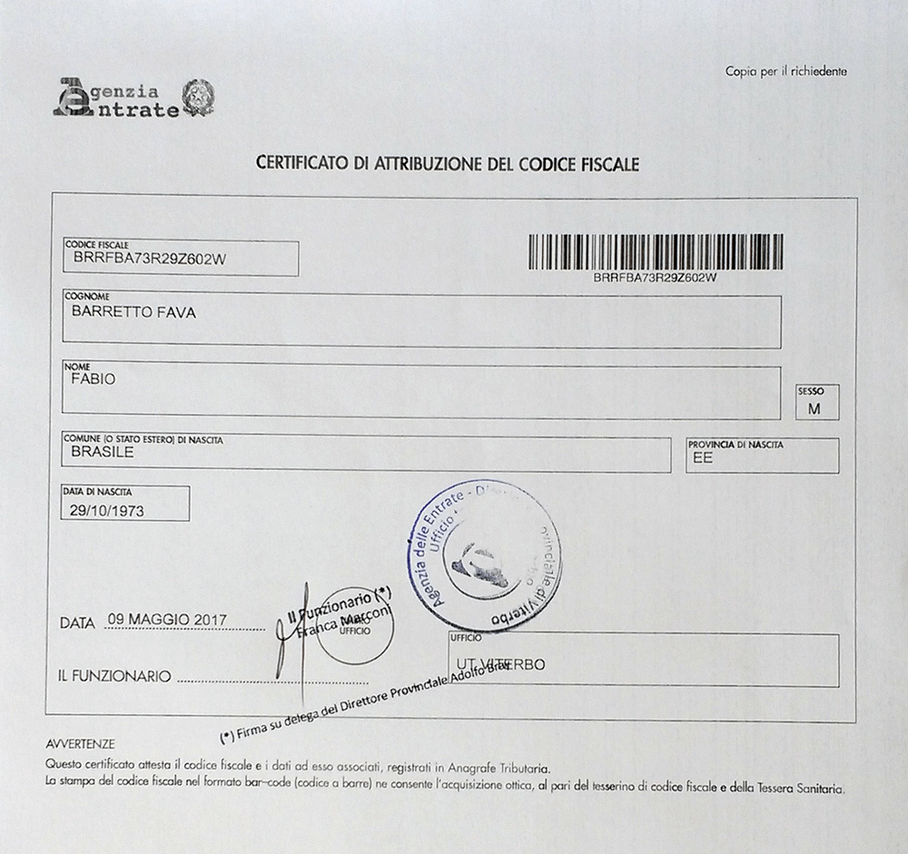 Codice Fiscale é o CPF na Itália