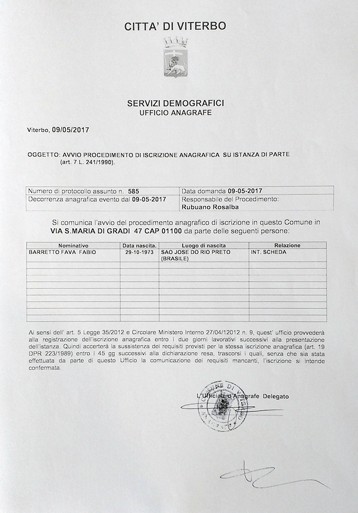 Certificado de Residência Italiano